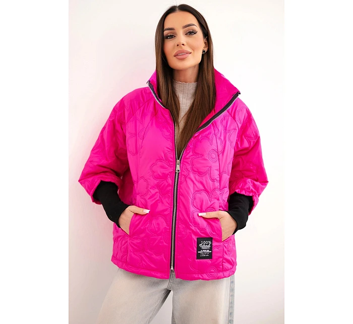 Dámská jarní prošívaná bunda s ozdobným vzorem a zipem růžový neon