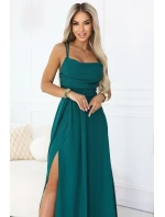 Maxi šaty bez ramínek s zavazováním na zádech a rozparkem lahvově zelené model 21956242 - numoco