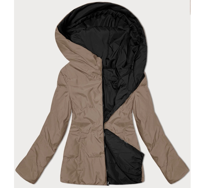 Černo-tmavě béžová oboustranná dámská krátká bunda s kapucí (16M2155-84)