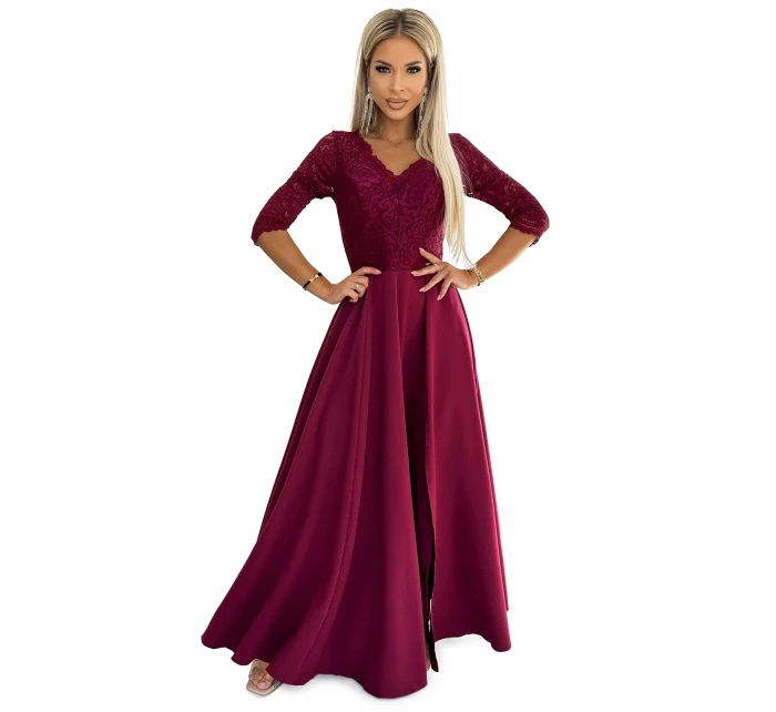 309-9 AMBER elegantní dlouhé maxi šaty s krajkovým výstřihem - Bordeaux