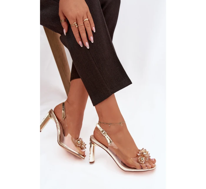 Průhledné sandály na podpatku s ozdobami D&A MR52-232 zlaté