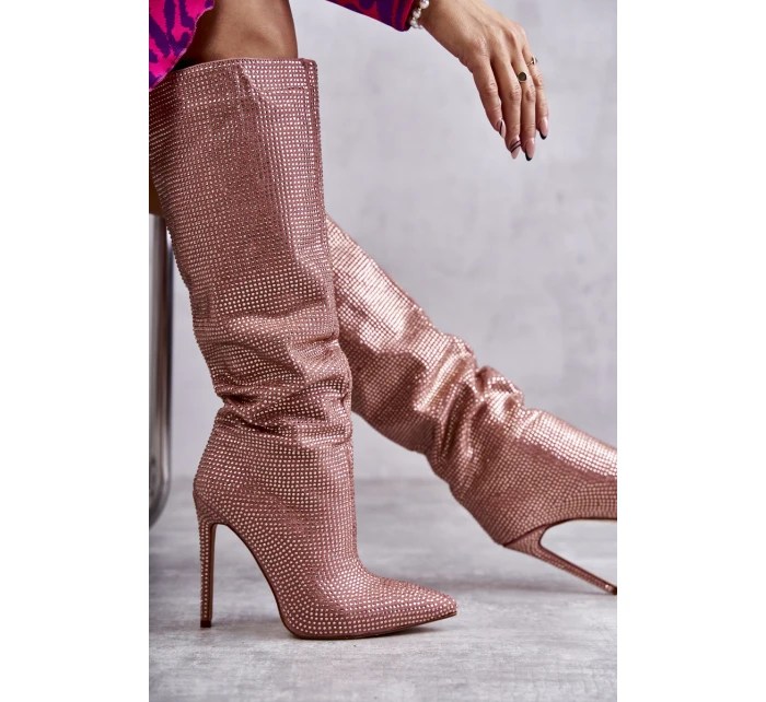 Módní kozačky na vysokém podpatku s kubickými zirkony model 21596914 - Boto