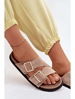 Dámské pantofle z imitace semiše s zlatými přezkami tmavě béžové Selissea