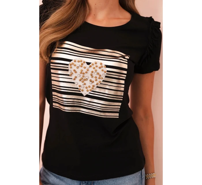 Dámská bavlněná blůza s volánem a srdcem z kamínků černá