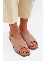 Kožené semišové dámské sandály na plochém podpatku D&A JC61-1001 Béžové