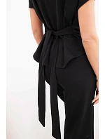 Dámský komplet z měkkého úpletu s halenkou s krátkým rukávem a kalhotami se širokými nohavicemi černý