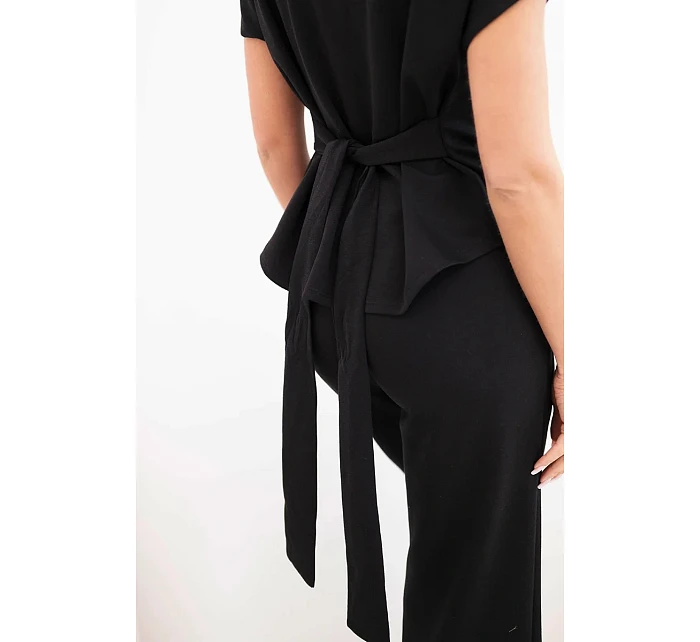 Dámský komplet z měkkého úpletu s halenkou s krátkým rukávem a kalhotami se širokými nohavicemi černý