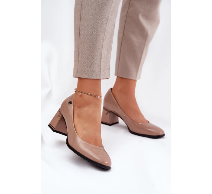 Kožené Lakované Lodičky Na Podpatku model 21691304 Béžové - VINCEZA