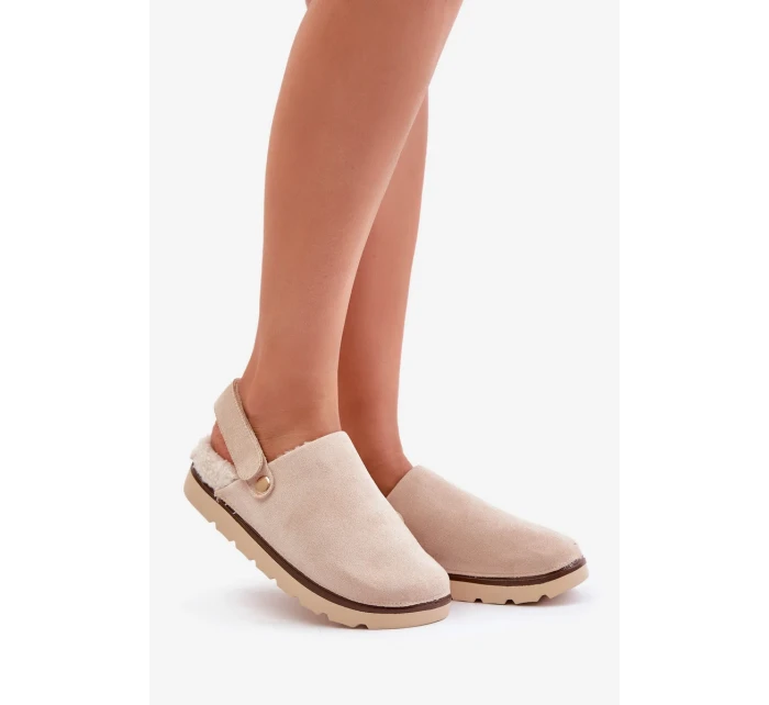 Dámské Pantofle Na Platformě Zateplené Kožíškem Typu Beránek Béžové Sanilora