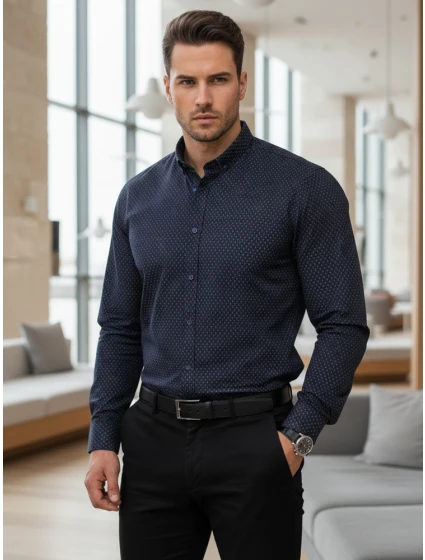 Pánská tmavě modrá vzorovaná košile slim fit FashionStreet DX2689 Pánská tmavě modrá vzorovaná košile slim fit FashionStreet DX2689