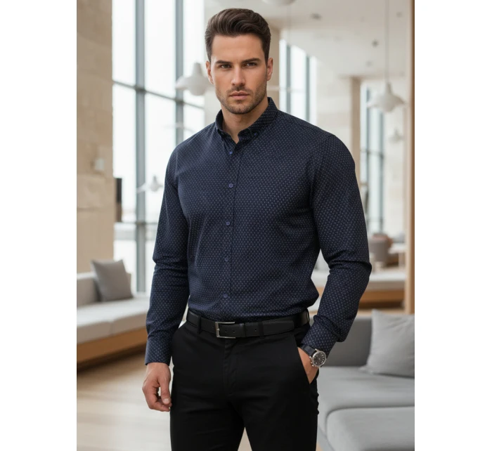Pánská tmavě modrá vzorovaná košile slim fit FashionStreet DX2689 Pánská tmavě modrá vzorovaná košile slim fit FashionStreet DX2689