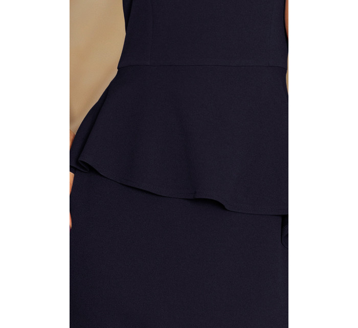 Elegantní tmavě modré dámské midi šaty s volánkem model 6211541