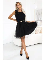 454-5 Krajkové šaty GRETA s tylovou sukní a zlatým páskem - ČERNÉ 454-5 Krajkové šaty GRETA s tylovou sukní a zlatým páskem - ČERNÉ