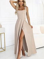 633-1 AURELIA dlouhé šaty s rozparkem a výstřihem typu caro - béžové s brokátem