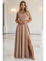 640-4 LORETTA jedinečné dlouhé šaty s tylovými rukávy a výstřihem - béžové 640-4 LORETTA jedinečné dlouhé šaty s tylovými rukávy a výstřihem - béžové