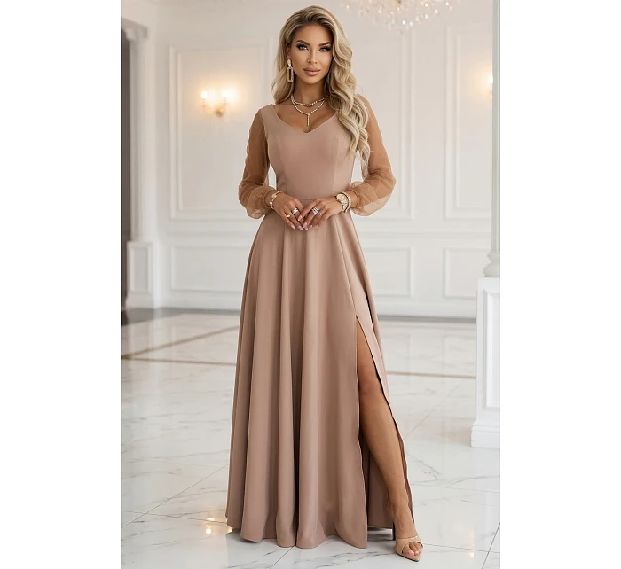 640-4 LORETTA jedinečné dlouhé šaty s tylovými rukávy a výstřihem - béžové 640-4 LORETTA jedinečné dlouhé šaty s tylovými rukávy a výstřihem - béžové