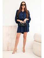 Dámský viskózový komplet košile s knoflíky a volné šortky námořnická modrá