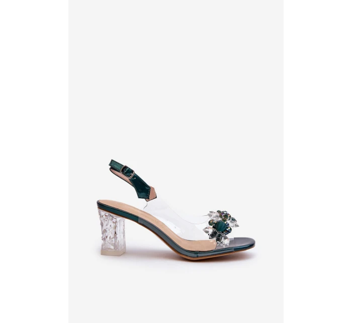 Průhledné sandály na podpatku s ozdobami zelené D&A MR38-D1