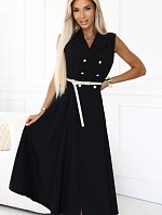 596-3 Elegantní midi košilka se zlatými knoflíky a páskem - ČERNÁ