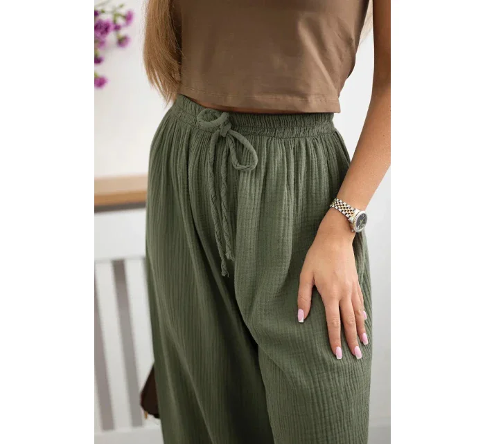 Mušelínové kalhoty se širokou nohavicí khaki