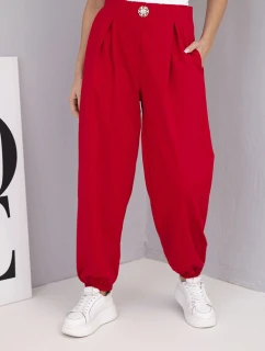 Dámské bavlněné kalhoty s vysokým pasem a ozdobným knoflíkem červené