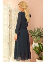 Dámské šifonové šaty v lahvově zelené barvě v délce midi, s dekoltem a volánkem 304-2 Dámské šifonové šaty v lahvově zelené barvě v délce midi, s dekoltem a volánkem 304-2