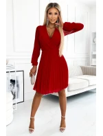 313-13 ISABELLE Plisované šaty s dlouhým rukávem a obálkovým výstřihem - ČERVENÉ