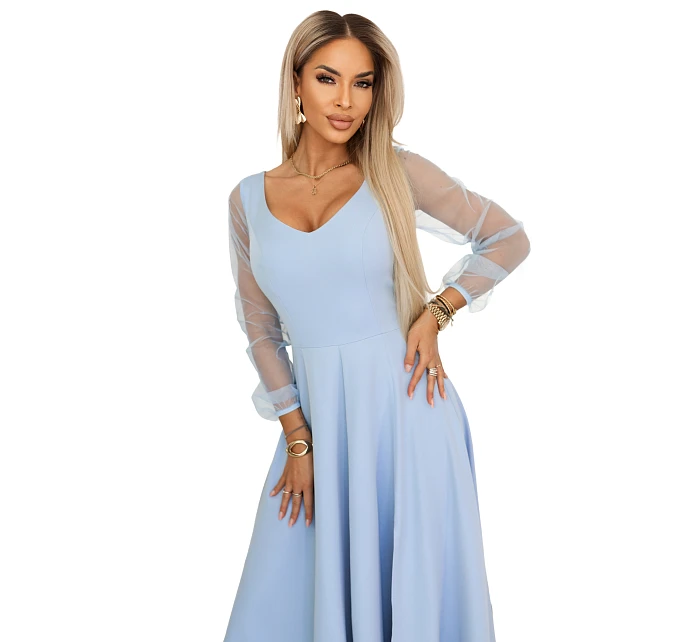 640-5 LORETTA jedinečné dlouhé šaty s tylovými rukávy a výstřihem - modré