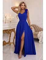 643-8 Elegantní večerní maxi šaty s rozparkem a růžemi – chrpa 643-8 Elegantní večerní maxi šaty s rozparkem a růžemi – chrpa
