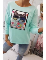Halenka s 3D grafikou kočky v mátové barvě Halenka s 3D grafikou kočky v mátové barvě