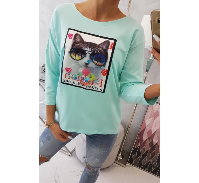 Halenka s 3D grafikou kočky v mátové barvě Halenka s 3D grafikou kočky v mátové barvě