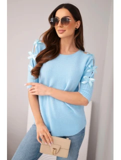 Dámský svetr s krátkým rukávem a ozdobnými mašličkami modrý