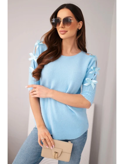 Dámský svetr s krátkým rukávem a ozdobnými mašličkami modrý Dámský svetr s krátkým rukávem a ozdobnými mašličkami modrý