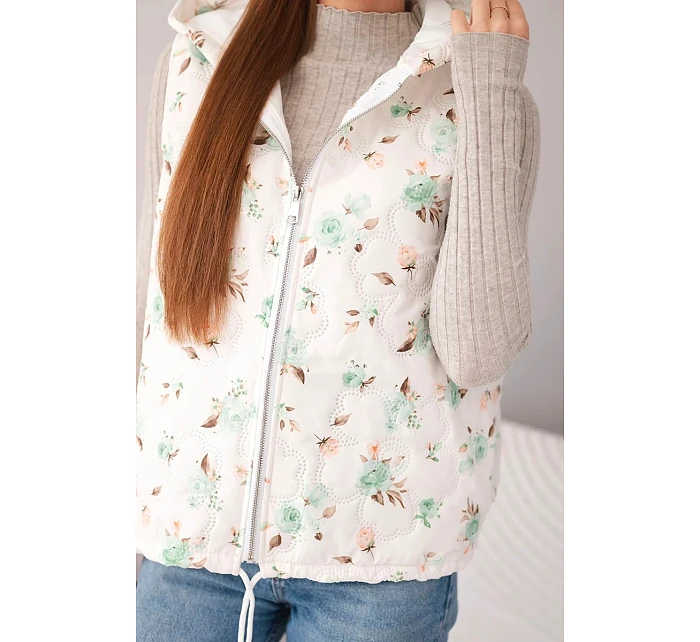 Dámská prošívaná vesta s kapucí a květinovým vzorem mátová