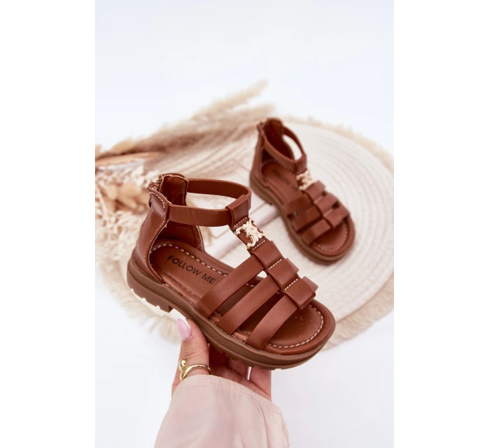 Dívčí sandály gladiátorky se zlatým detailem hnědé Vesira