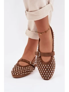 Dámské baleríny s otevřeným vzorem s kamínky a páskem Hnědé Wilvessa