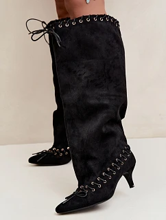 Černé kozačky s kitten heel z semiše s ozdobným šněrováním Juletta