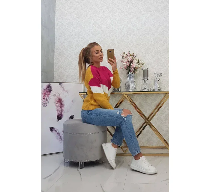 Geometrický vzorovaný svetr fuchsiová+hořčicová Geometrický vzorovaný svetr fuchsiová+hořčicová