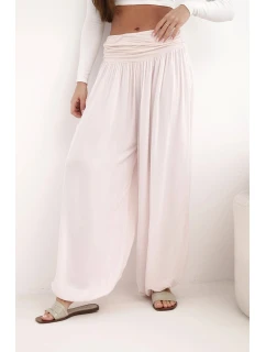 Dámské viskózové kalhoty s širokými nohavicemi a volánky béžový