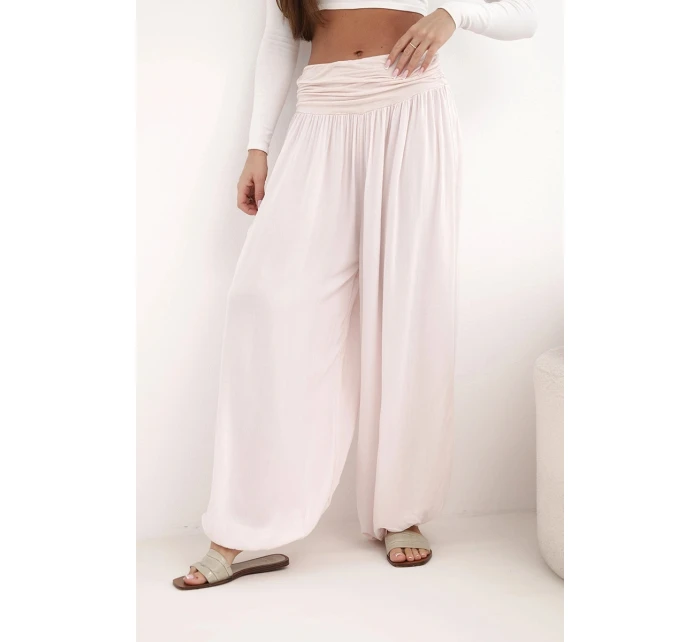 Dámské viskózové kalhoty s širokými nohavicemi a volánky béžový