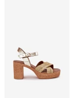 Kožené Sandály Na Podpatku S Pletením Na  Zlaté model 21697421 - Zazoo