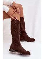 Dámské síťované kozačky na nízkém podpatku model 21998041 Čokoládové - S.Barski