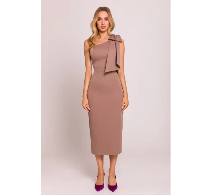 model 20970628 Šaty na jedno rameno s mašlí mocca - Moe
