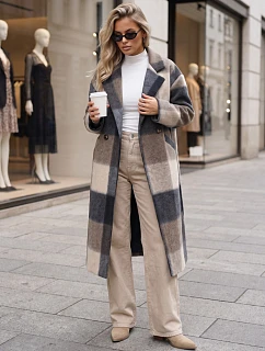 Płaszcz damski dwurzędowy z wełną w kratę granatowy FashionStreet NY0832