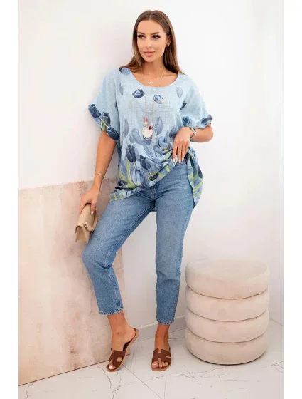 Dámská bavlněná košile s květinovým vzorem modrý Dámská bavlněná košile s květinovým vzorem modrý