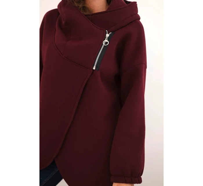Dámská zateplená mikina s kapucí a asymetrickým zipem bordová