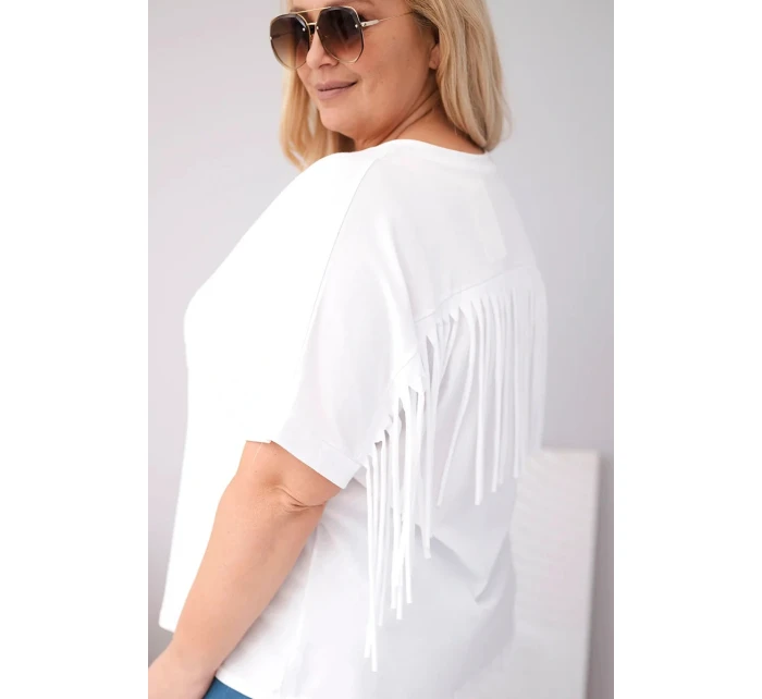 Dámská bavlněná halenka s výstřihem do V a třásněmi na zádech bílá