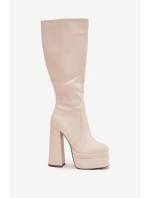 Zateplené dámské kozačky na podpatku a platformě světle béžové model 21704844 - Boto