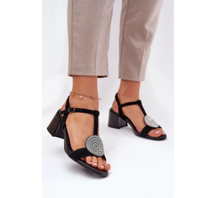 Kožené Sandály Na Podpatku S Ozdobou D&A JC51-842 Černé