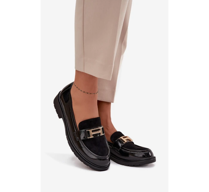 Lakované dámské mokasiny se zlatým detailem S.Barski HY52-545 Černé